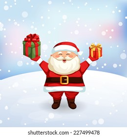 Santa Claus holding a gifts. Christmas vector illustration. Holiday background