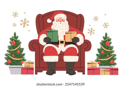 Santa Claus holding gifts Christmas scene festive decorations snowflakes armchair pine trees presents holiday cheer