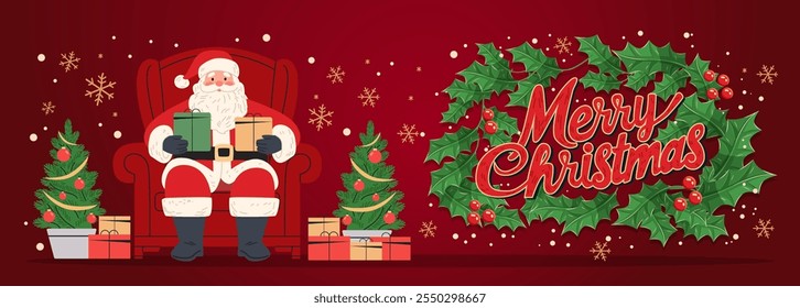 Santa Claus holding gifts festive scene with Christmas trees snowflakes holly leaves red background holiday theme website banner