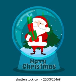 Santa Claus is holding a lot of gifts in his hands. Christmas scene in a glass bowl. Christmas greeting vector card. The atmosphere of calmness and comfort. 