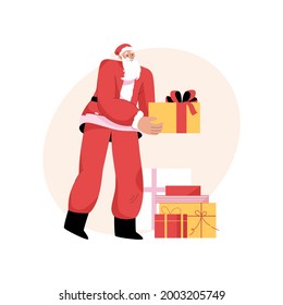 Papá Noel está haciendo regalos para los niños. San Nicolás da regalos de vacaciones. Símbolo de Año Nuevo y Navidad, tradiciones de celebración. Ilustración de carácter de vector aislada en fondo blanco