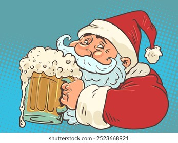 Santa Claus holding a glass of foamy ale. Coming New Year in bars and restaurants. Delivery of delicious for Christmas and holidays. Comic cartoon pop art retro vector illustration hand drawing