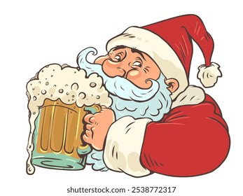 Santa Claus holding a glass of foamy ale. Coming New Year in bars and restaurants. Delivery of delicious for Christmas and holidays. Comic cartoon pop art retro vector illustration hand drawing. On a