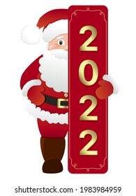 Santa Claus holding a gold 2022 badge. The concept of the approaching New Year and Christmas. Vector. Cartoon style. Close-up.
