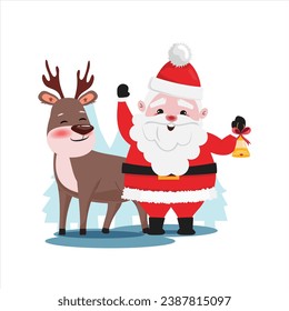Santa Claus holding a golden bell, happy deer next to him