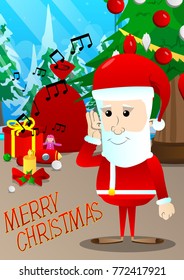Santa Claus holding hand at his ear, listening. Vector cartoon character illustration.