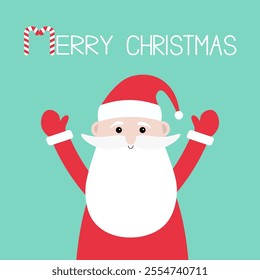 Santa Claus holding hands up. Red hat, costume, round beard. Merry Christmas. Candy Cane. Cute cartoon kawaii funny character. New Year. Childish style. Greeting card. Isolated Green background Vector