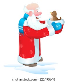 Santa Claus holding a hat and a blue bird, talking to her.