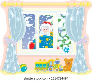 Santa Claus holding his gift bag and looking through a window with curtains into a nursery on the snowy night before Christmas, vector illustration in a cartoon style