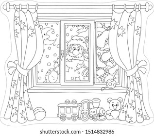 Santa Claus holding his gift bag and looking through a window with curtains into a nursery on the snowy night before Christmas, black and white vector illustration