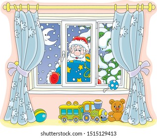Santa Claus holding his gift bag and looking through a window with curtains into a nursery on the snowy night before Christmas, vector illustration in a cartoon style