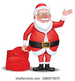Santa Claus holding his red sack full of presents character vector illustration new year 2022 isolated on white background pointing to the right side of the screen