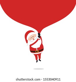 Santa claus holding huge bag and flying to delivery christmas gifts at white isolated background..