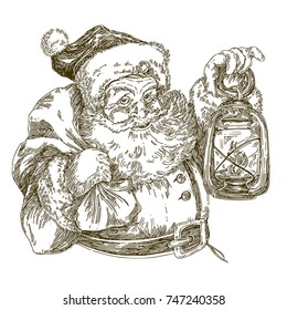 Santa Claus holding a lantern. Isolated on white. Engraving style. Vector illustration