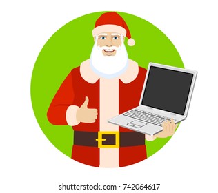 Santa Claus holding laptop computer and showing thumb up. Portrait of Santa Claus in a flat style. Vector illustration.