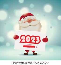 Santa Claus sostiene un cartel luminoso con el año de carga 2023, ilustración vectorial de tarjeta de saludo de Año Nuevo