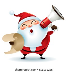 Santa Claus holding a list and megaphone