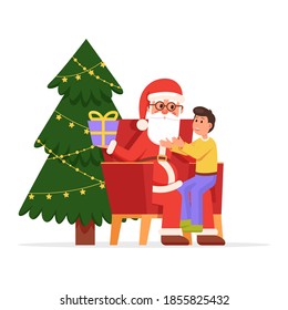 Santa claus holding little smiling boyhis lap. The child sits on the knee of Father Frost. Merry Christmas, New Year. Vector illustration