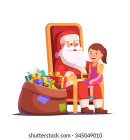 Santa Claus holding little smiling girl on his lap making a wish. Flat style vector illustration isolated on white background.