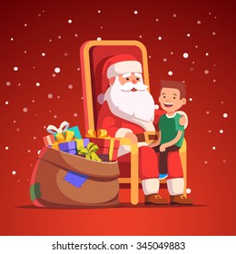 Santa Claus holding little smiling boy on his lap making a wish. Flat style isolated vector illustration.