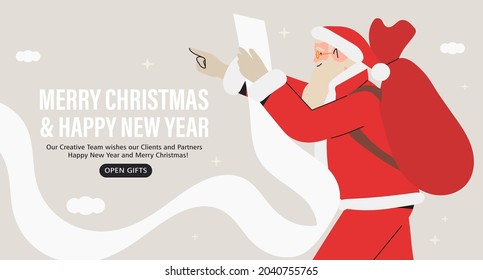 Santa Claus sostiene una larga lista de deseos de regalo. Vacaciones de invierno, Navidad y Año Nuevo o concepto de mercado. El personaje de Santa Eligen presenta banner, publicidad, sitio web o saludos en medios sociales.