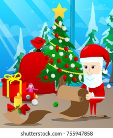 Santa Claus holding long paper, Christmas letter, wish list, naughty or nice list . Vector cartoon character illustration.