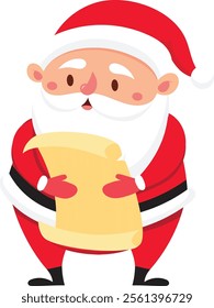 Santa Claus is holding a long scroll of paper, presumably containing children s Christmas wishes, conveying a sense of anticipation and excitement for the upcoming holiday season