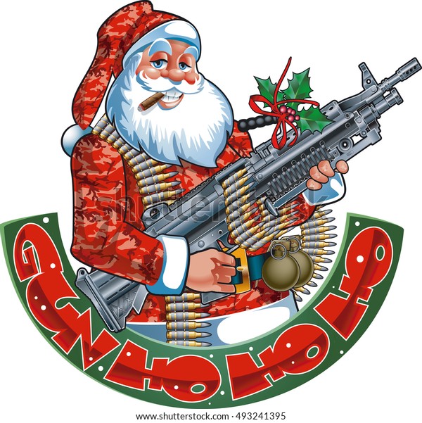 Santa Claus Holding Machine Gun Banner Stock Vector (Royalty Free