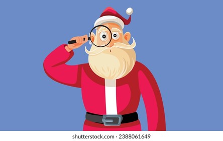 
Santa Claus Holding a Magnifying Glass Vector Cartoon illustration. Curious Santa inspecting and spying with magnifier loupe
