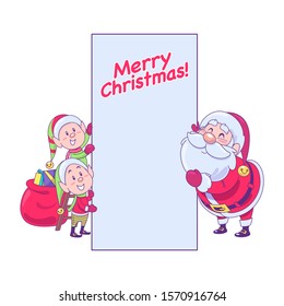 Santa Claus holding a Merry Christmas sign  Christmas elf. Vector illustration in cartoon style. Isolated on white background.