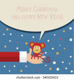 Santa Claus holding a monkey in his hand. Flat design, vector illustration