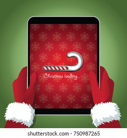 Santa Claus holding a personal notebook with Christmas loading background featuring digital striped candy cane bar. Cartoon Santa waiting for page to load for Christmas. EPS 10 vector.