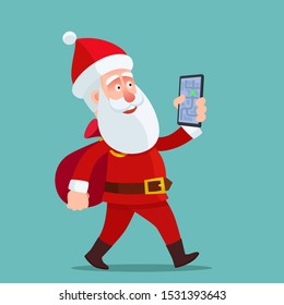 Santa Claus holding phone with application for navigation, is walking around the city and delivering gifts. Modern Santa concept. Vector illustration, flat cartoon style. Isolated background.  