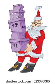 Santa Claus holding a pile of presents