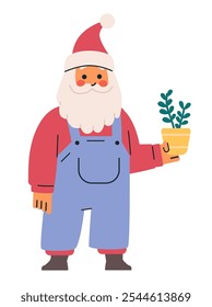 Santa Claus holding potted plant festive scene. Cheerful Santa in red hat and blue overalls holding a yellow pot with green plant