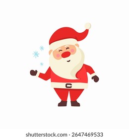 Santa claus holding present with smiling face and festive expression. Flat christmas illustration set for winter holiday card. Vintage character collection on white background.