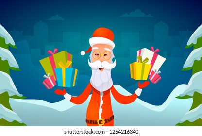  Santa Claus is holding presents. Merry Christmas and Happy New Year cards.