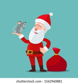 Santa Claus holding the rat, mouse on his palm. Rat - symbol of the new year. New year 2020, Happy Christmas greeting card. Vector illustration, flat design cartoon style. Isolated background.