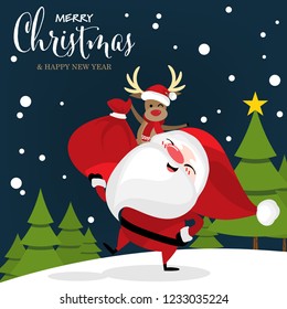 Santa Claus holding red bag with cute reindeer wear Santa hat and red scarf on snow hill with pine trees have a star on top and snow falling on dark blue sky with Merry Christmas & Happy New Year text