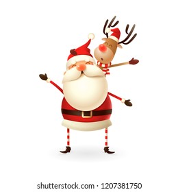 Santa Claus holding Reindeer on his beck - Happy cute illustration