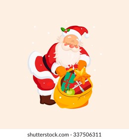 Santa Claus holding a Sack with Toys. Christmas Vector Illustration