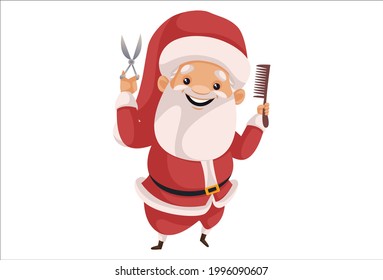 Santa Claus is holding scissors and comb in hand. Vector graphic illustration. Individually on a white background.
