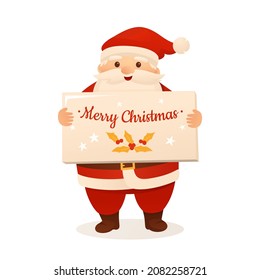 Santa Claus holding sign board, cartoon merry Christmas greeting card. Funny xmas character and banner New Year congratulation, mistletoe. Poster or postcard, presentation, template, design mockup