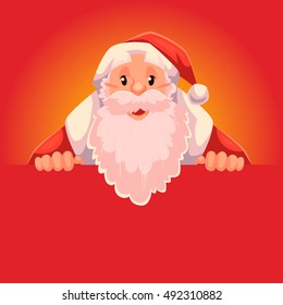 Santa Claus holding a sign with a place for text, cartoon style vector illustration isolated on red background. Half length portrait of Santa holding an empty board, Christmas decoration element