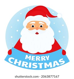 Santa Claus is holding a sign that says Merry Christmas.