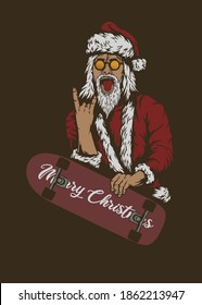 Santa Claus holding Skateboard Merry Christmas Happy New Year Vector Mascot Illustration