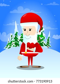 Santa Claus holding small red heart. Vector cartoon character illustration.