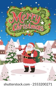 Santa Claus holding smartphone gift box snowy village Christmas theme holiday greeting card design