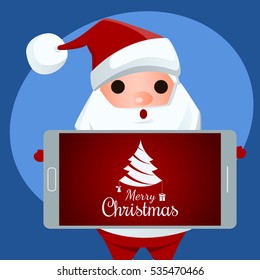 Santa Claus holding smartphone show message Merry Christmas. Cartoon Vector Illustration.