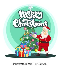 Santa Claus holding smartphone and standing near Christmas tree. Merry Christmas greeting card. Vector illustration in a cartoon flat style